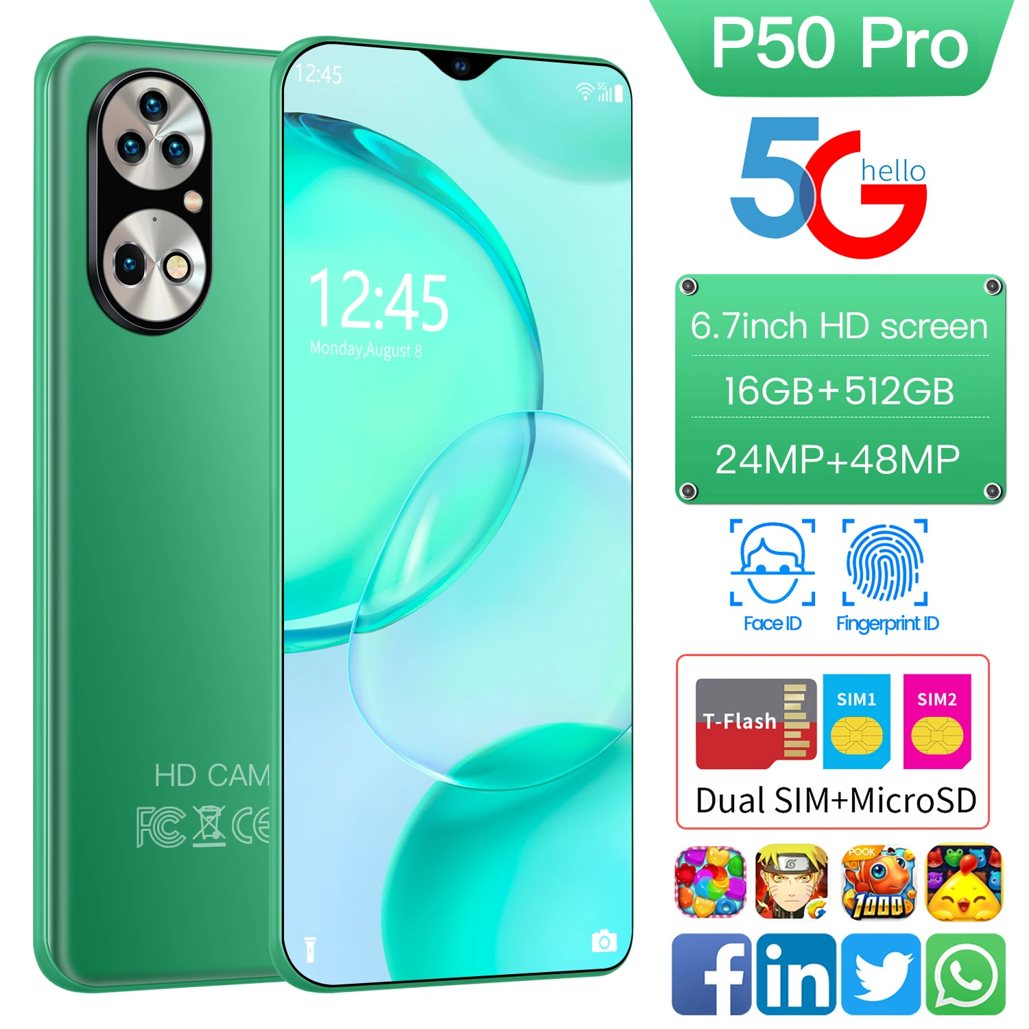 

16GB+512GB Smart Phone MT6989 24+48MP 6.7 Inch Face Unlock 4G LTE 5G Dual SIM+Micro SD 6000mAh Mobile Phones Global Version