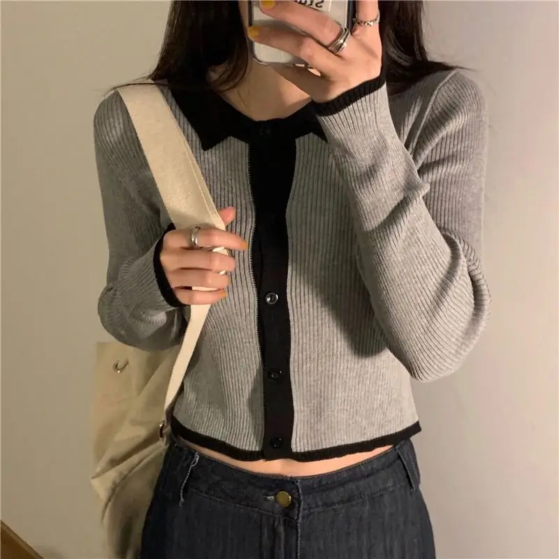

Woman Sweaters Cardigan Woolen Sweater Winter Polo Collar Top Short Spring Autumn Slim-Fit Cardigan Coat Sueters De Mujer