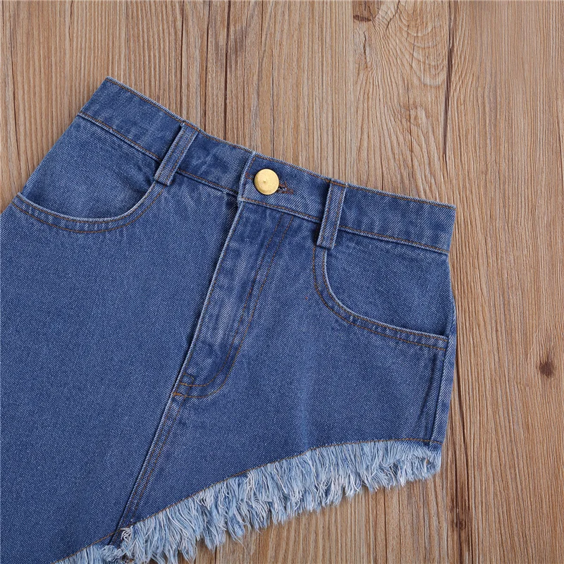 

2Pcs Kid Girl Clothes Set Off Shoulder Shirt Ruffle Hem Side Short Sleeve Tops Denim Skirt Pocket Irregular Half Dress 1-6Y