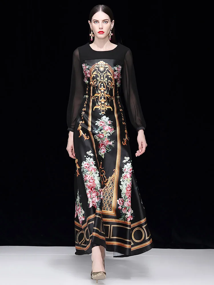 

2021 Autumn New Twill Cotton Round Neck Chiffon Lace Long-sleeved Palace Print Party Dress for Women