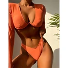 Сексуальный сетчатый купальник с длинным рукавом, женский купальник, неоново-оранжевый комплект бикини 2022, женская пляжная одежда с низкой талией, бикини