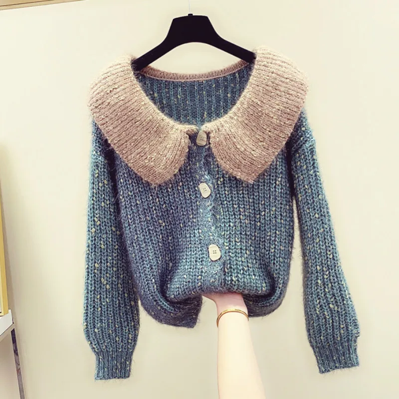 Свитер женский контрастного цвета воротник Лотос Свободный вязаный кардиган из