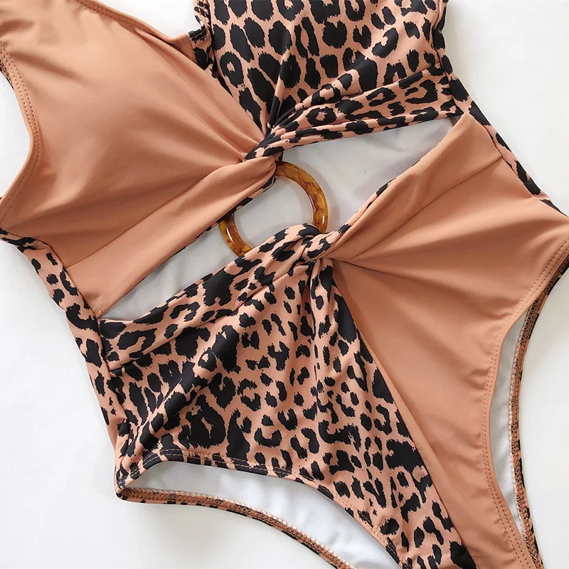 INGAGA Leopard Cut Out Swimsuit One Piece Splice High Cut Bodysuit Sexy Push Up Swimwear Women New Brazilian Bathing Suit
