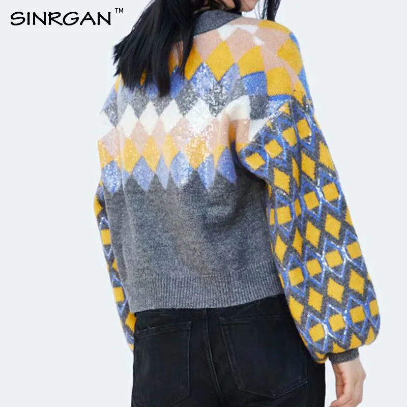 SINRGAN Geometric O Neck Knitted Sweater 2020 Autumn Winter Fashion Female Pullover Warm Thicken Tops | Женская одежда