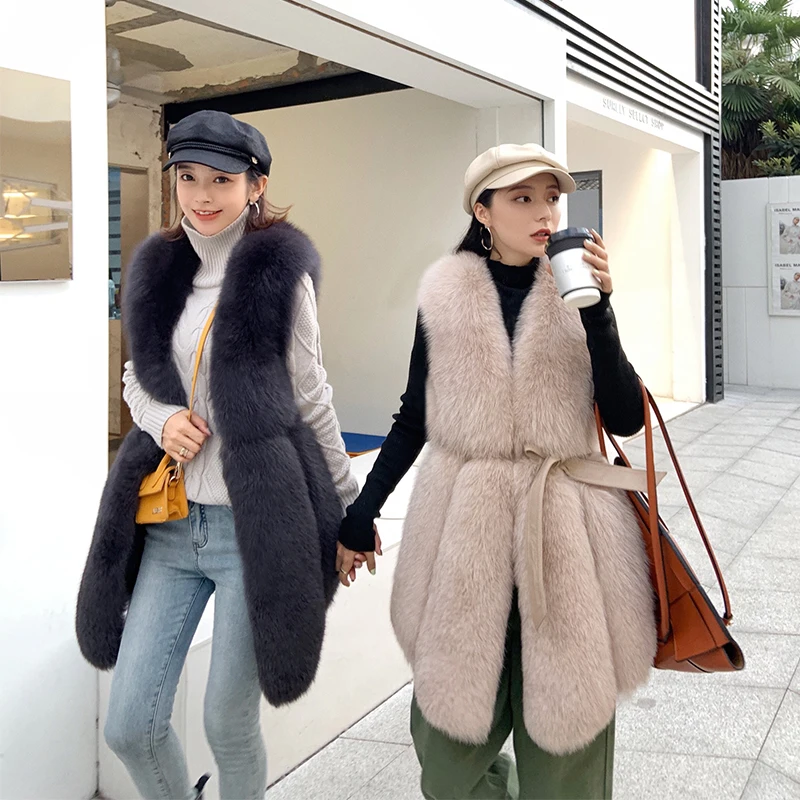 

Women Real Fox Fur Vest Belt Natural Fox Fur Gilets Warm Winter Ladies Luxury Fur Waistcoat