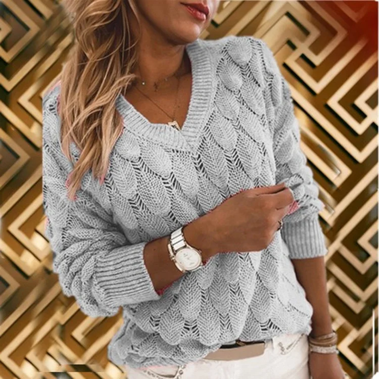 

Autumn Winter Knitted Feather Hollow V-Neck Long Sleeve Sweater For Women Jumper Fashion Loose Knitwear Pullovers Sweaters