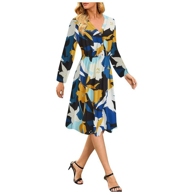 

Vintage Floral Print A-line Dresses Autumn 2021 Womens Casual Big Swing Dress Long Sleeve V-neck Button Slim Midi Dress Vestidos
