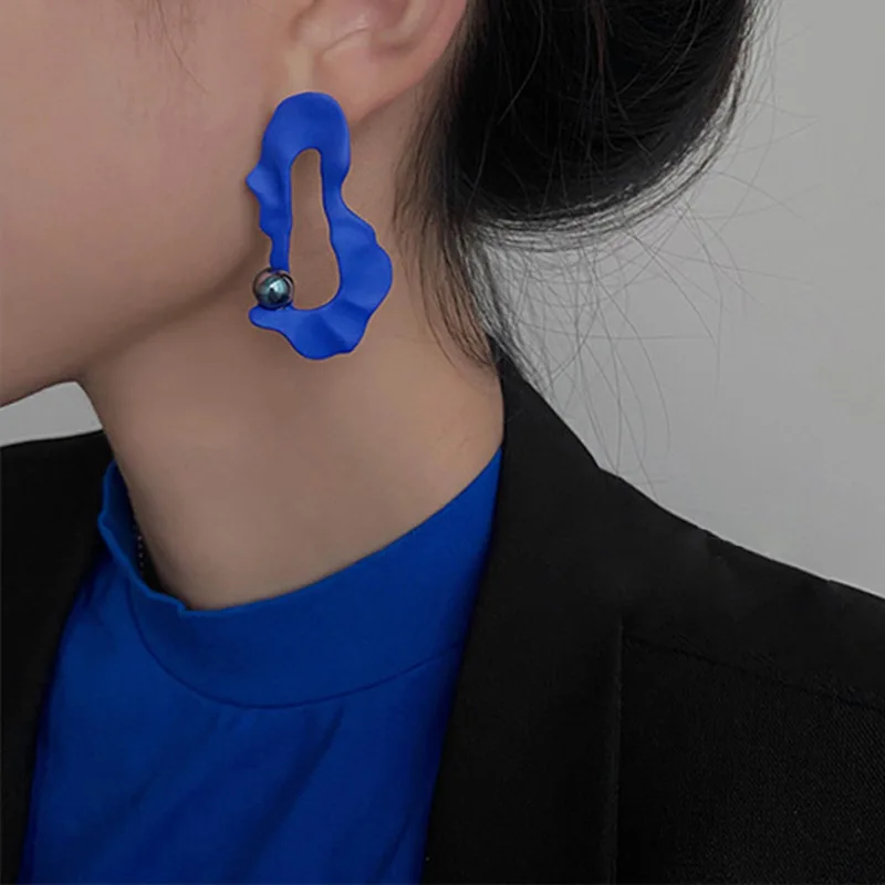 

XIPPOSS Earring New Klein Blue French Irregular Simple High-Sense Wave Pearl Earrings Niche Frosted Folded Temperament Earrings
