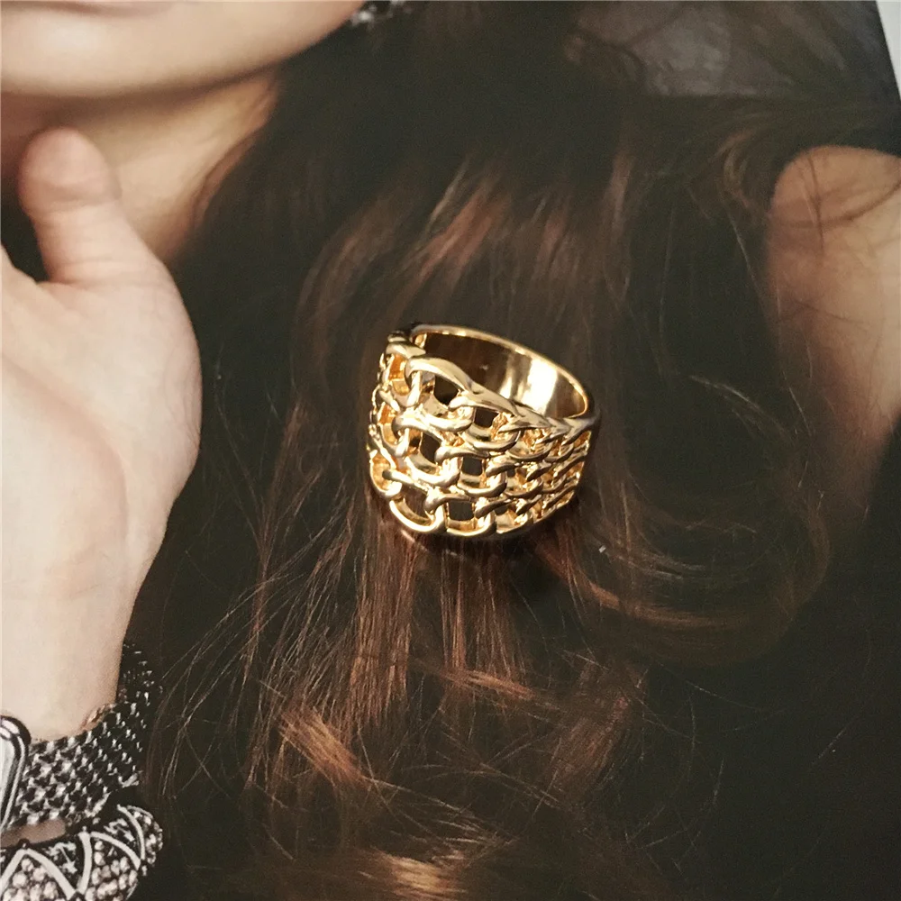 Трендовые золотые Цвет печатка Цепи Жемчужной площади поверхности блеск Deocated широкий миди кольцо для женщин и девушек, элегантное винтажное шик в стиле унисекс