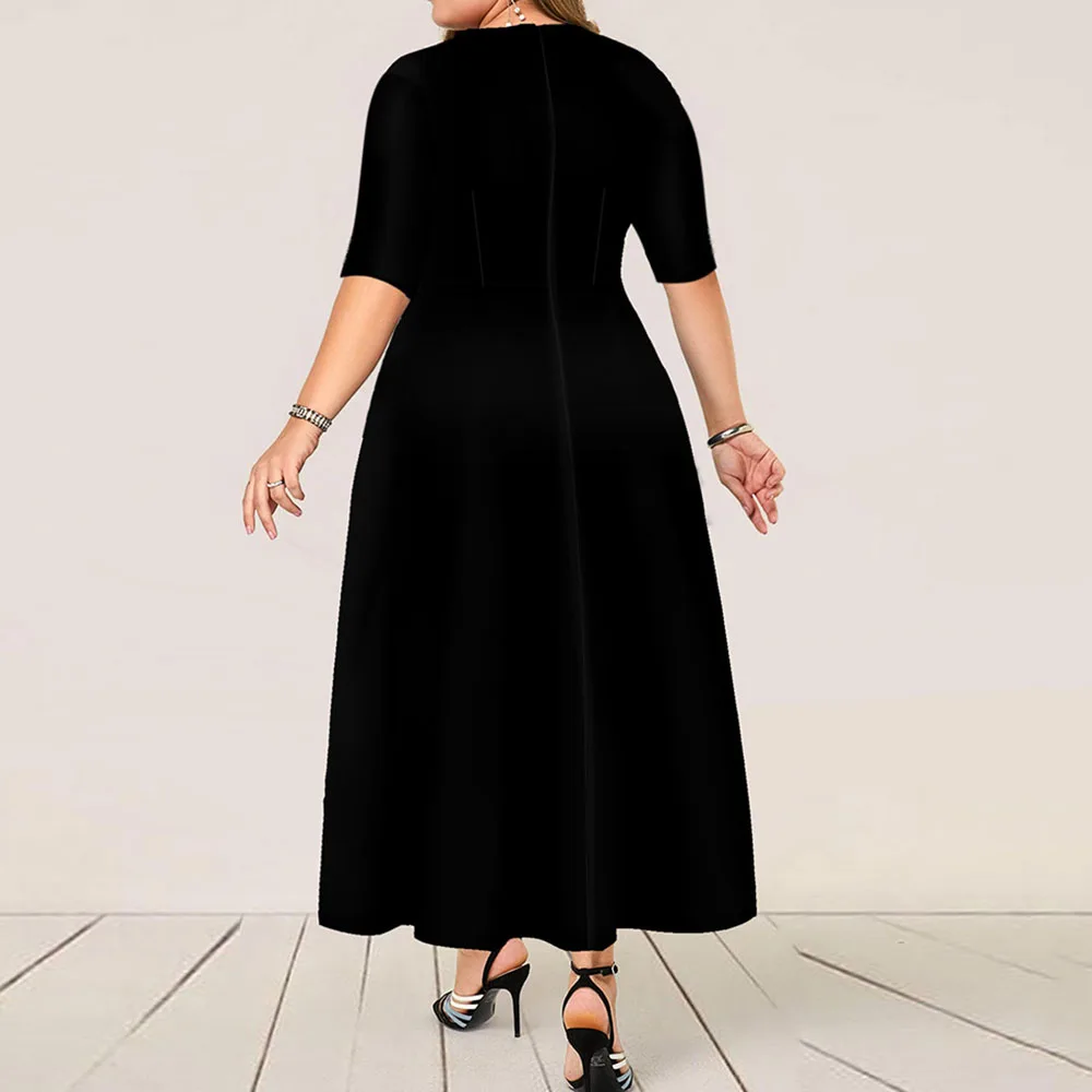 

2020 Office Ladies Elegant A Line Dress Half Sleeve Patchwork Designer Maxi Plus Size Long Vestido Black Women Dresses Summer