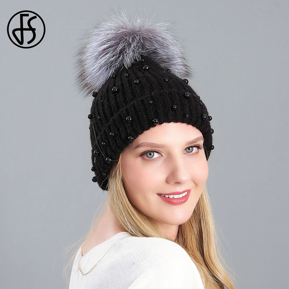 

FS Winter Women Beanie With Pom Pom Raccoon Fur Knitted Hat Keep Warm High Quality Rabbit Ski Cap With Pearl Skullies Beanies