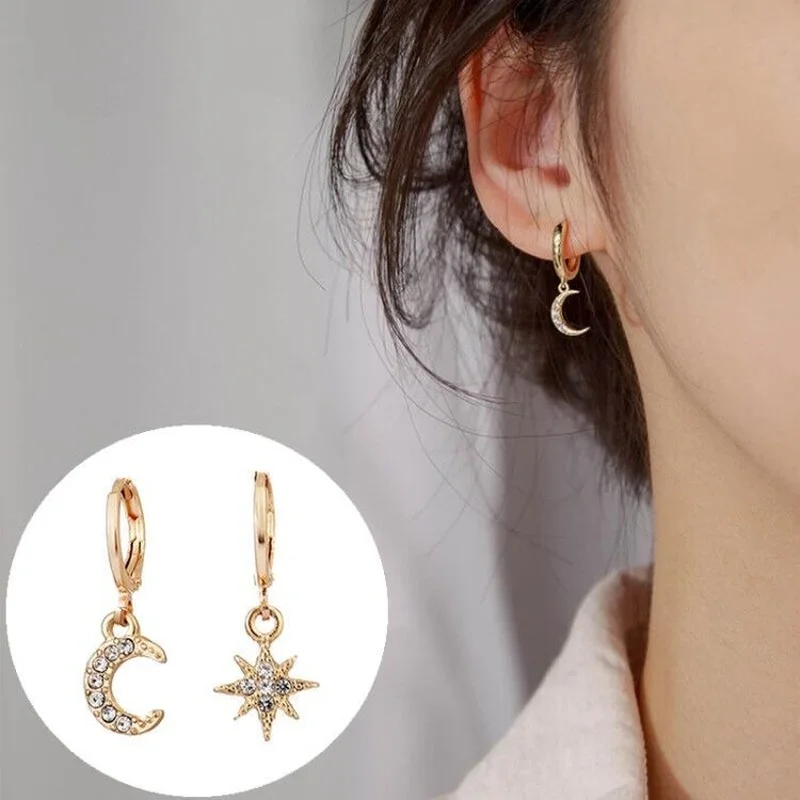 

2021 New Trendy Star and Moon Earrings Fashion Women Metal Jewelry Classic Geometric Female Pendan Asymmetric Korean Style