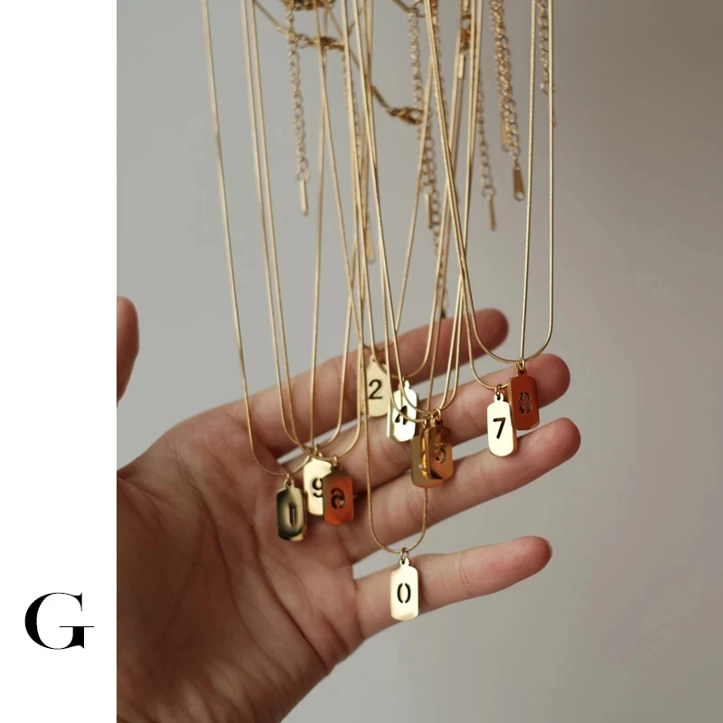 

GHIDBK Stainless Steel Square Hollow Pendant Necklace Lucky Number Collar Round Snake Chain Waterproof Arabic Numeral Jewelry