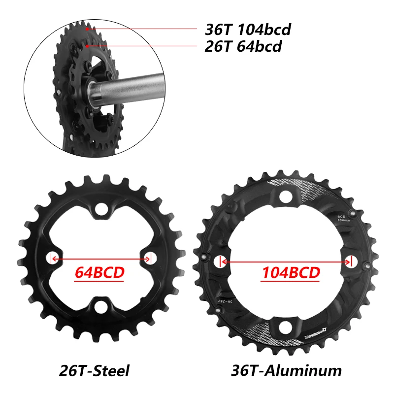 Звездочки для велосипеда PROWHEEL 104/64BCD MTB двойная Звездочка 26T 28T 36T 38T 10/11 скоростной