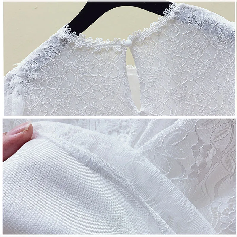 

Women's Short-sleeved Chiffon Shirt Summer 2021French Fashion Mesh Stitching Puff Sleeve Lace Blouse Elegant Embroidery 15000