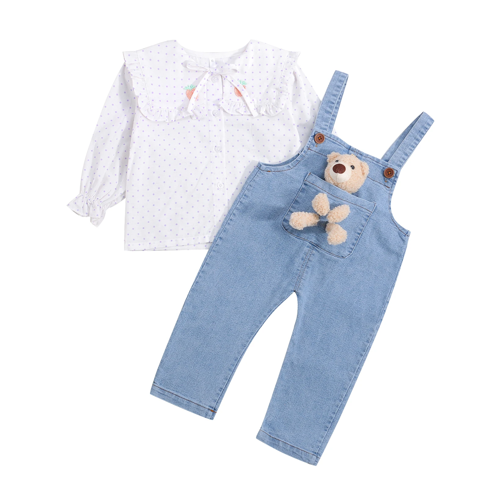 

2 Pieces Kids Suit Set, Polka Dots Peter Pan Collar Long Sleeve Tops+ Suspender Trousers for Toddler