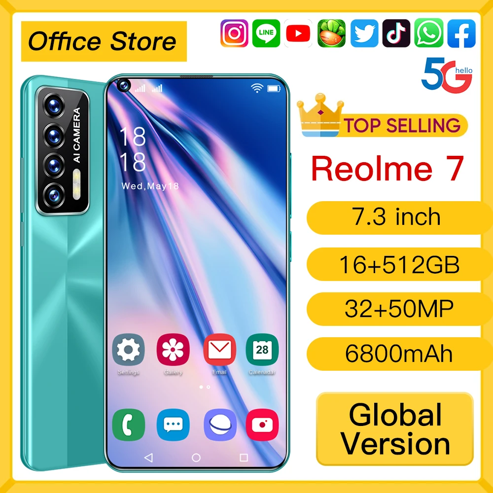 

Smartphones Reolme 7 Global Version Qualcomn 32+50MP 6800mAh Android11.0 16GB 512GB 7.3'' 6800mAh 5G Face Unlock Mobile Phone