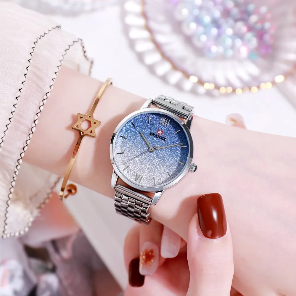 

ANANKE Women Quartz Watch Shining Sequines Starry Sky Gradient Dial Steel Strap Japanese Movement Ladies Fashion Wristwatch AN30