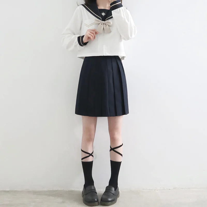 

[Glacier] Summer Navy Sailor Suit With Snow Embroidery Women JK High School Uniform Class Students Cloths Top Skirt
