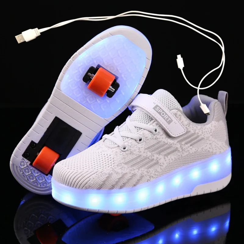 Children One Two Wheels Luminous Glowing Sneakers White Red Led Light Roller Skate Shoes Kids Boys Girls USB Charging | Детская одежда