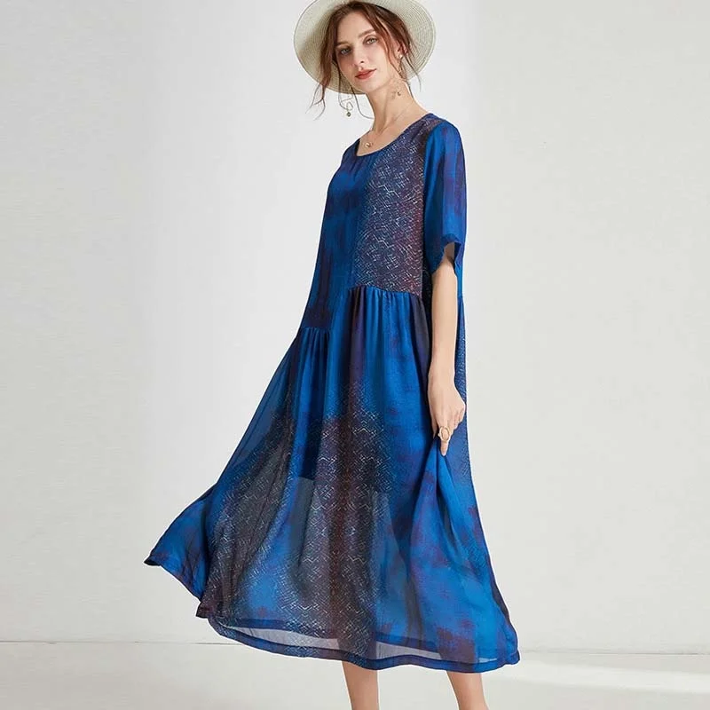 

Summer Large Size 2022 Dresses Woman Patchwork O-Neck Short Sleeve Blue and Red Plus Size Dress