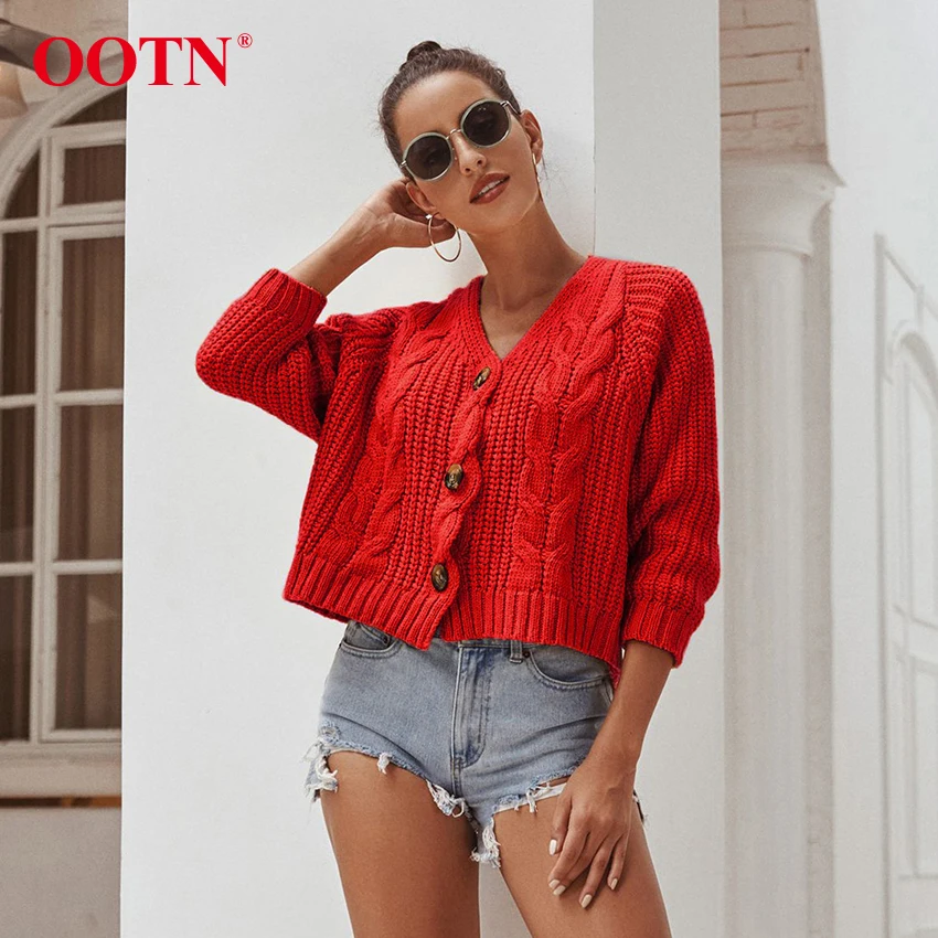 OOTN однобортный вязаный крючком пуговицы для кардигана короткий зимний женский свитер с длинным рукавом Повседневная Верхняя одежда свитер пальто