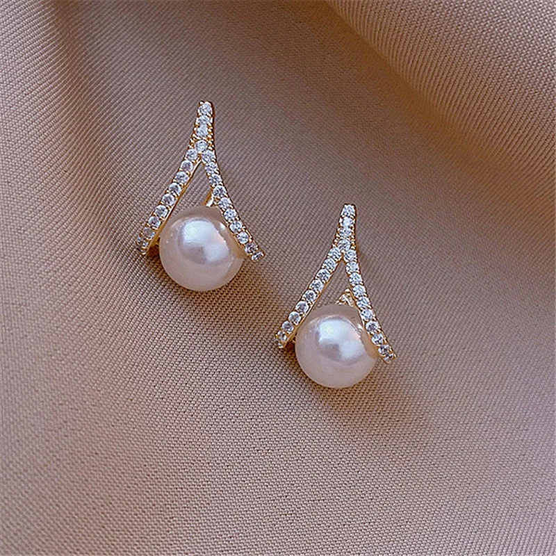 

S925 needle Delicate Jewelry AAA Zircon Earrings Pretty Design Simulated Pearl Stud Earrings For Girl Fine Accessories