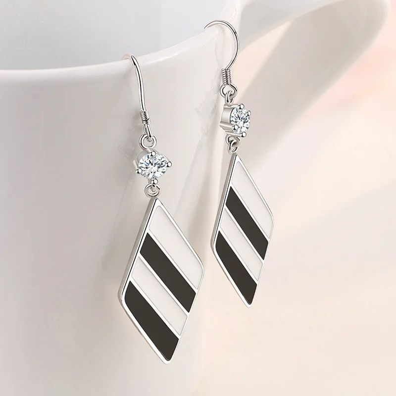 

KOFSAC New 925 Sterling Silver Jewelry Earrings For Women Chic Black White Stripes Rhombus Earring Lady Anniversary Accessories