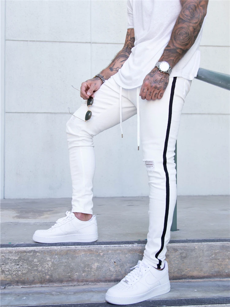 

Tejanos blancos hombre men's hole-in-the-ground white brem breech fitting side stripe biker skinny white jeans spijkerbroeken he