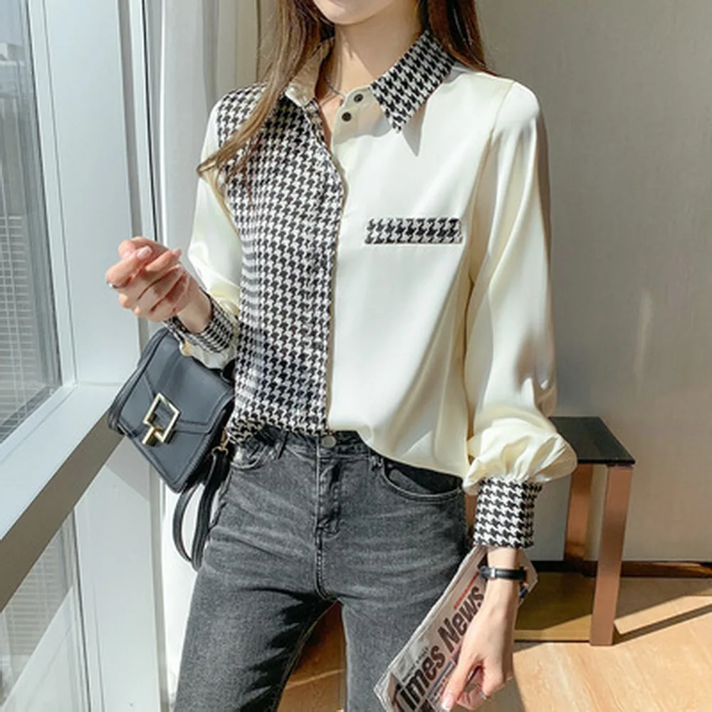 

Za Houndstooth Satin Blouse Women Office Lady Spliced Tops Patchwork Clothing Shirt Long Sleeve 2021 Beige sheines official shop