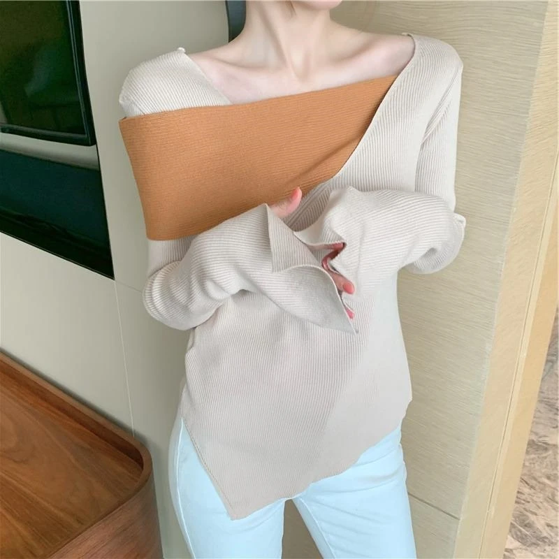 

FAKUNTN Long Sleeve Jumpers Pullovers Contrast Color Irregular Sweater Women Autumn Pull Casual Retro Outwear Knitted Shirts Top