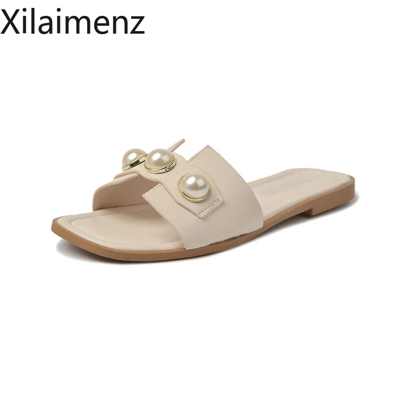 

Women Slippers Fashion Pearl Design Elegant Flat Shoes 2021 Sell Well Korean Version Beige Low Heel Ladies Flip Flop Casual