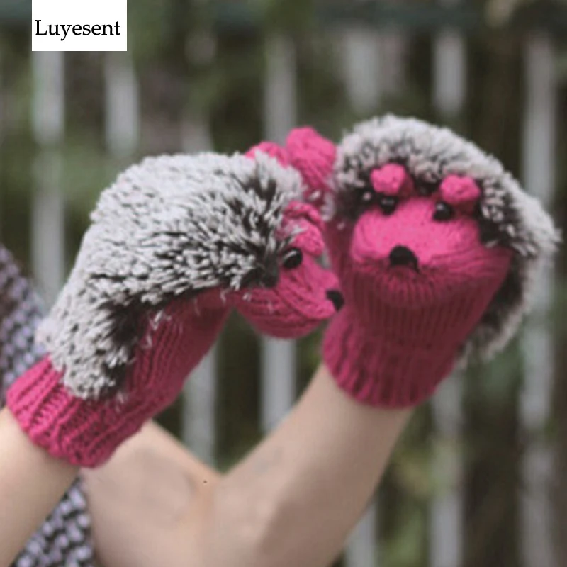 Женские зимние теплые вязаные перчатки с милым ежиком длина до запястья