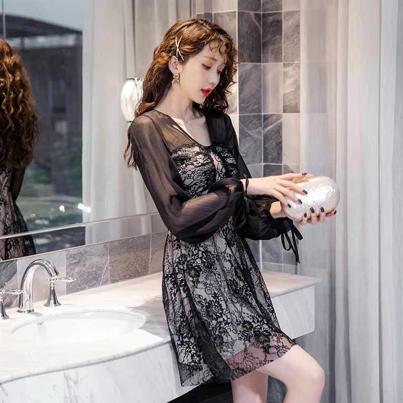

2021summer New Lace Sexy Temperament Bottoming Dress Small Niche High Waist Black Short Skirt for Women