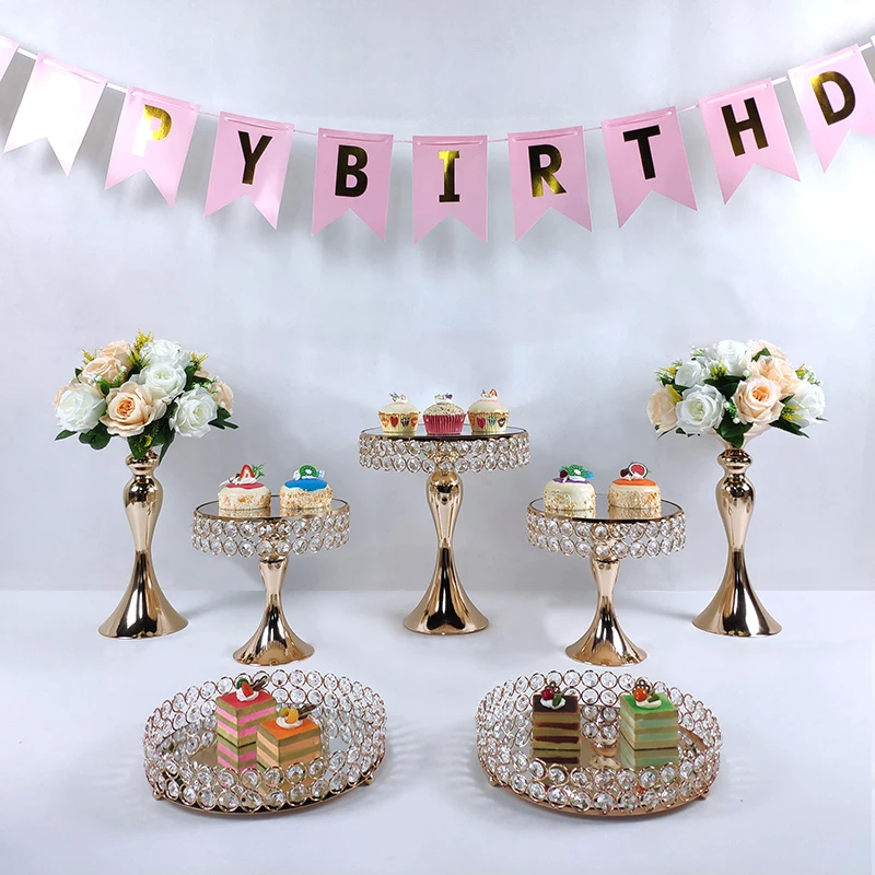 

5-11pcs Gold plated Wedding cake stand set Crystals Mirror cupcake tray dessert table decorating party decoration baking tools