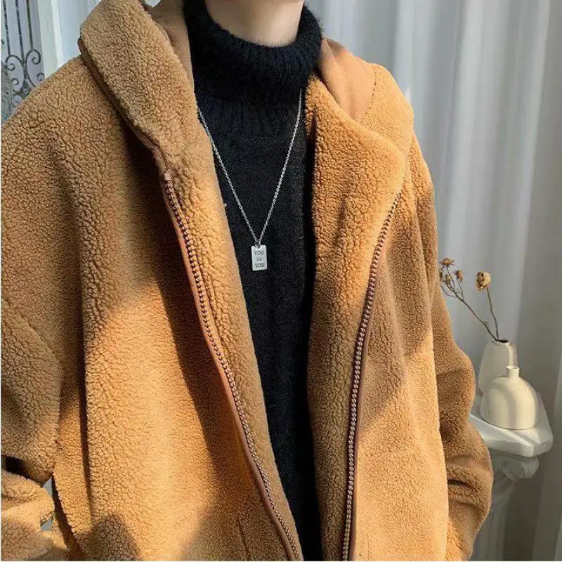 

M-XXL Men's Full-Zip Polar Fleece Jacket with 3 Pockets Korean Streetwear Fashion Warm Winter Fleece Coat Man with Fleece Hooded