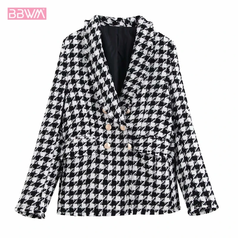 

Retro Houndstooth Lapel Long Sleeves Women's Jacket Coat Xiaoxiangfeng Double Bond Draw Back Woolen Cloth Chic Female Tops