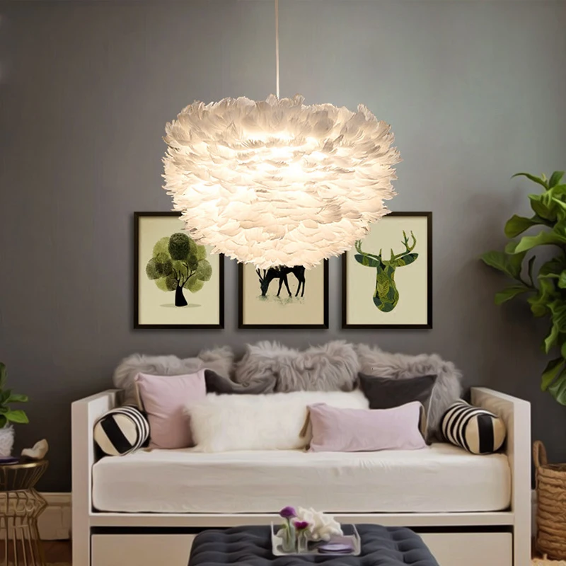 Nordic Modern Minimalist White Natural Feather Indoor Pendant LampE27 LED Living Room Restaurant Hotel Bedroom Loft Lamp