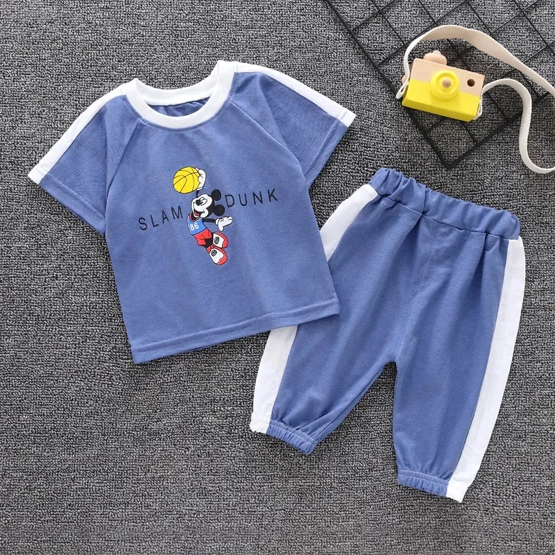 

Children's Suit Disney Mickey Mouse Summer Short-Sleeved Baby Clothes Sports and Leisure Top Trousers Kids Two Piece Set Kawaii