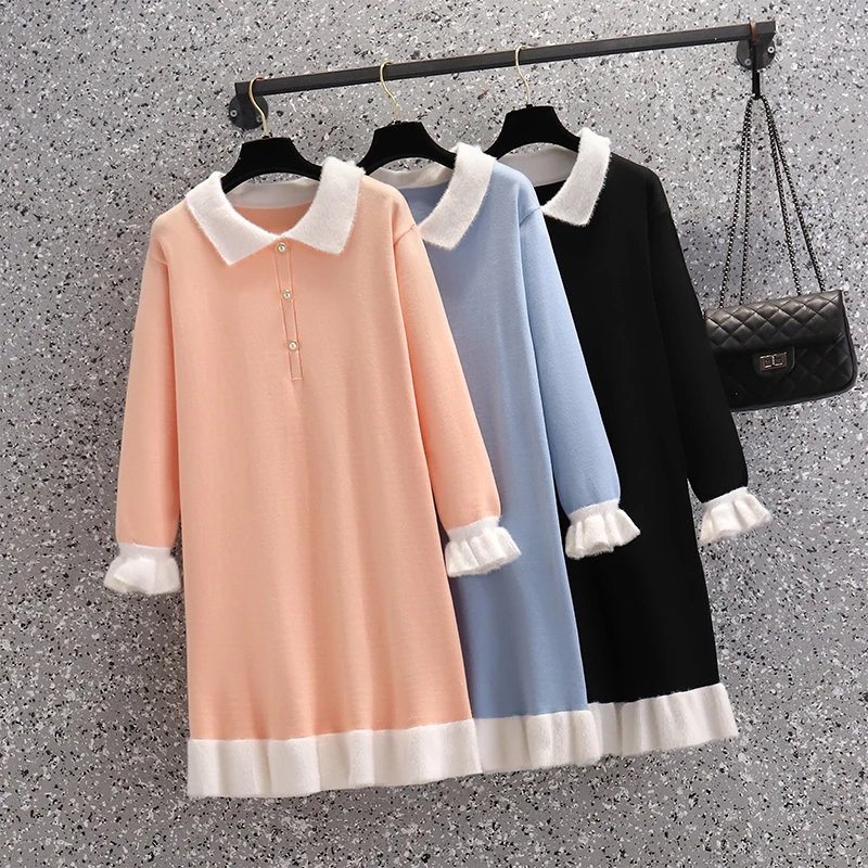 

EHQAXIN New Autumn Winter Womens Knit Dress Korean Loose Casual Ruffle Stitching Button Sweater Dress Lazy Style L-4XL