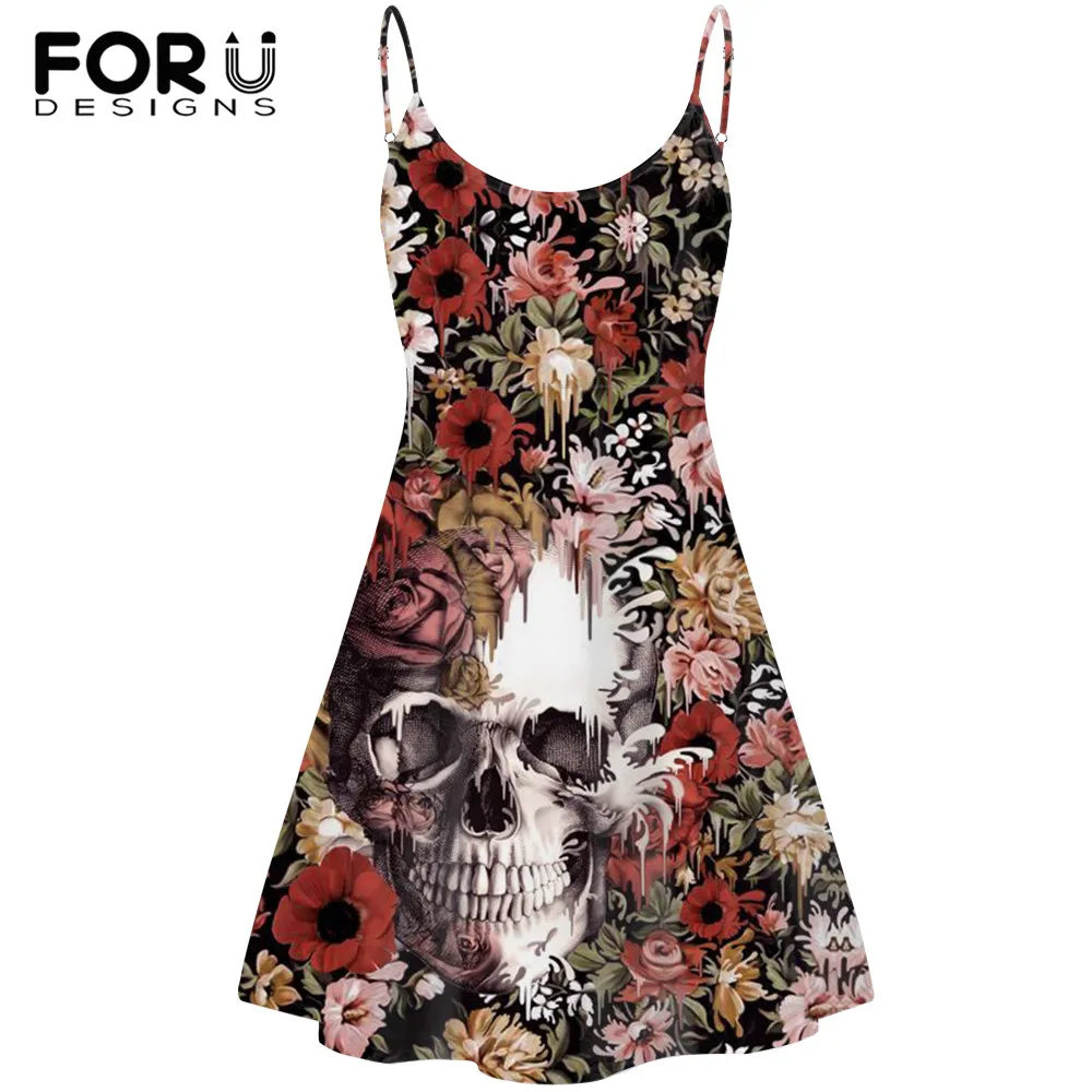 

FORUDESIGNS Gothic Backless Staight Dress Women Sugar Skull Print Ladies Sexy Slip Dresses Fashion Party Sundress Vestidos Mujer