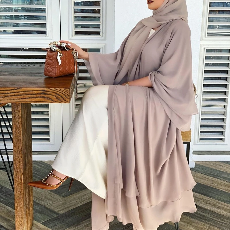 

Women Muslim Long Sleeve Flowy Maxi Cardigan Islamic Open Front Kimono Abaya Robe Turkey Kaftan Solid Color Belted Loose Up 066C