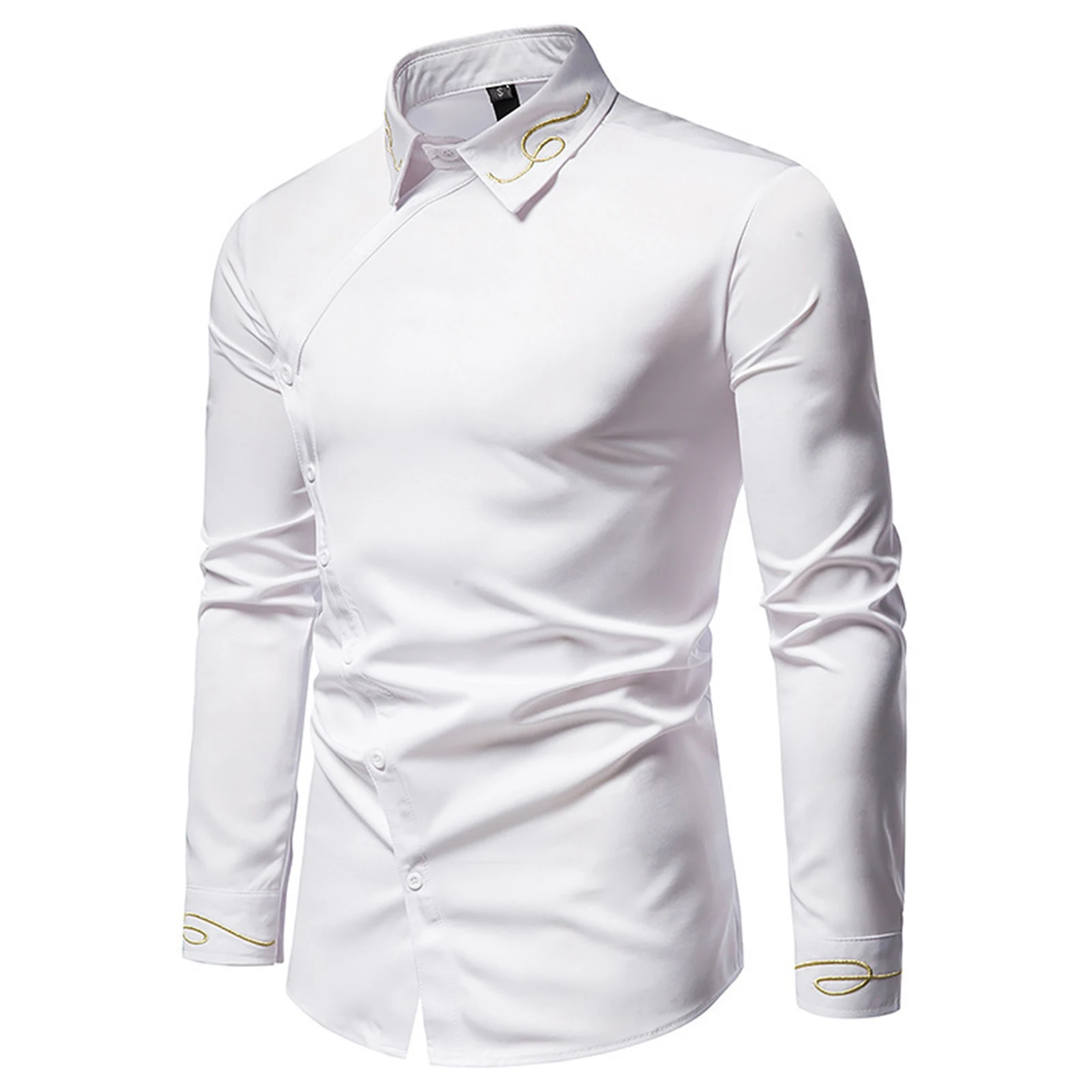

Men's Paisley Long Sleeve Shirt, Embroidery Turn Down Collar Asymmetric Buttons Shirts