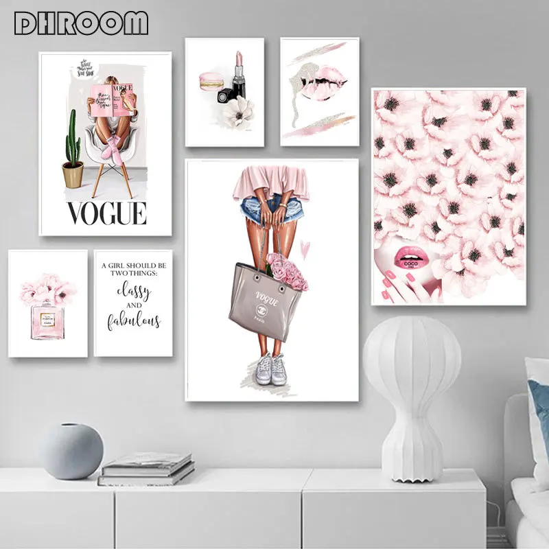 

Pink Flower Perfume Fashion Poster Lips Makeup Print Portable Vogue Bag Girl Canvas Art Painting Wall Picture Girl Room Decor