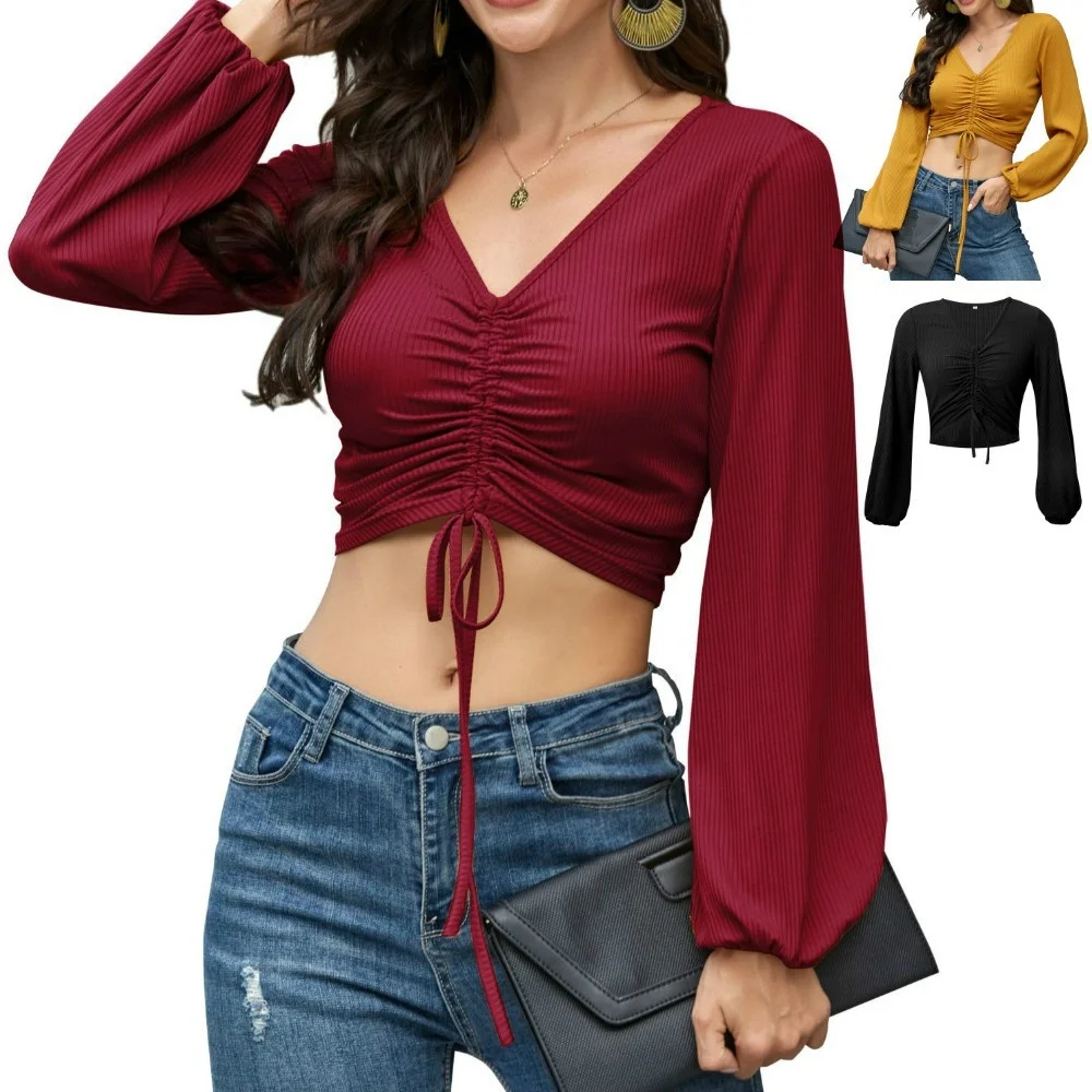 

Summer New Top Women's Short T-shirt V-neck Drawstring Long-sleeved Lantern Sleeves All-match Outer Wear Bottoming Top