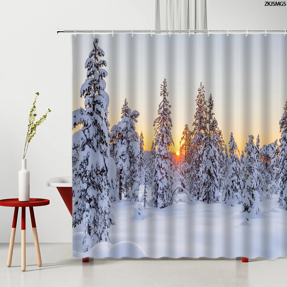 Занавеска для душа с крючками водонепроницаемая Шторка ванной изображением леса