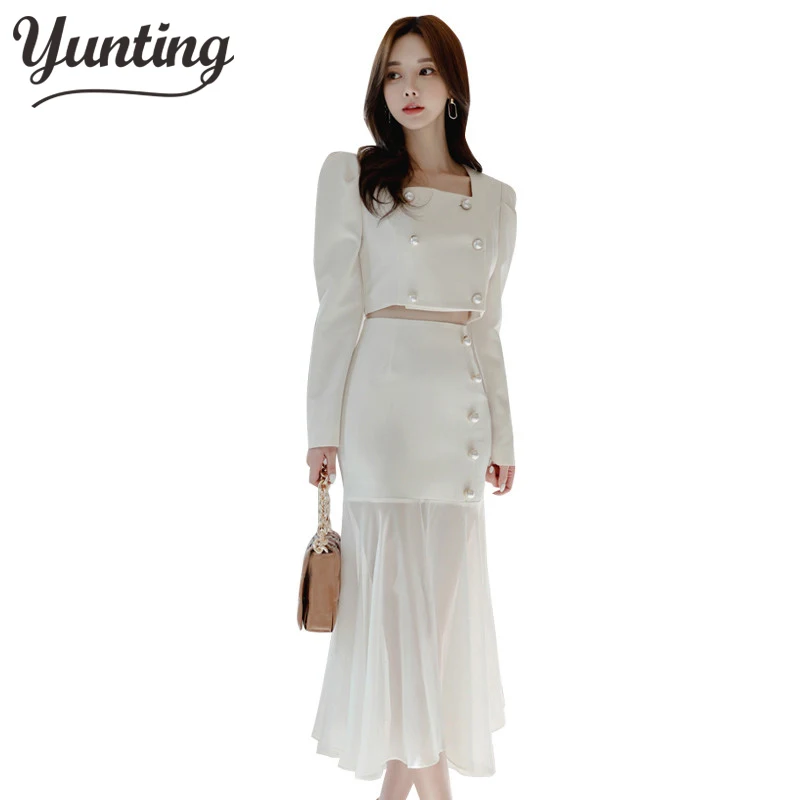 

2022 Autumn High Quality Office Lady TWO Piece Set sexy Blouse Shirt & Slim Length Bodycon Pencil Skirt Suits