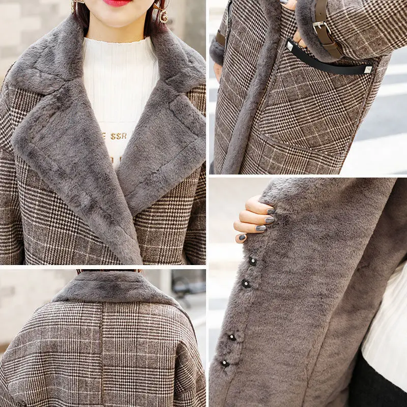 

YOCALOR Plaid Faux Leather Fur Parka Coat Women Jacket Women's New 2020 Autumn Winter Lamb Fur Female Overcoat Outerwear Coats