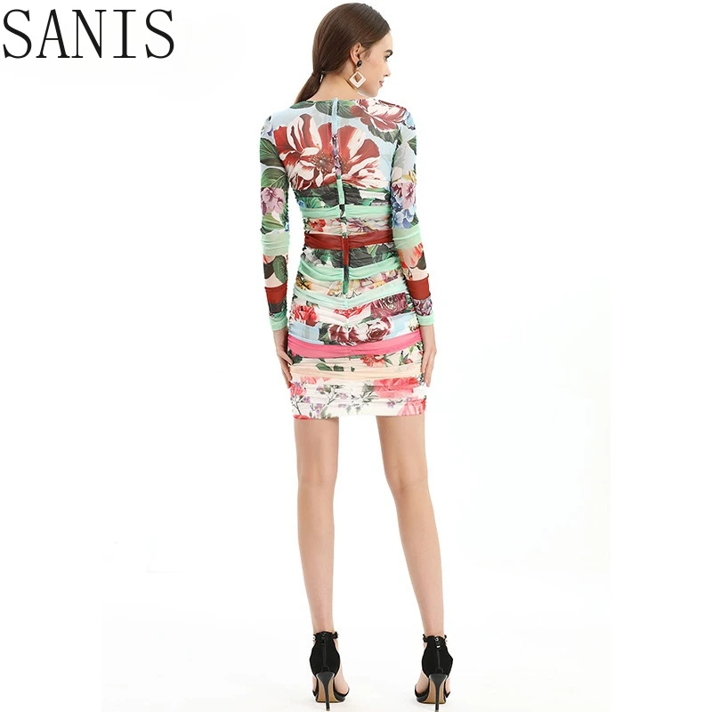 

Sanis Fashion Designer Dress Summer Women's dress Long sleeve Mesh Floral-Print Beaded Slim Package hip Sexy Dresses