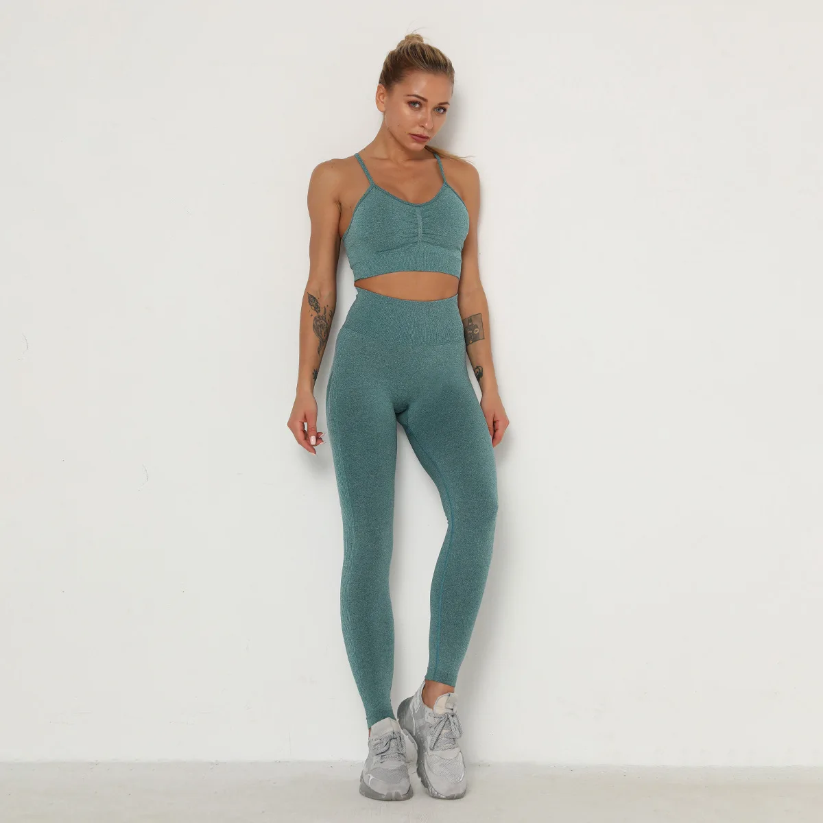 

Women Sports Set Running Gym Top High Waist Belly Control Squat-proof Leggings Seamless Clothes 2-piece Set Yoga Fitness Suit